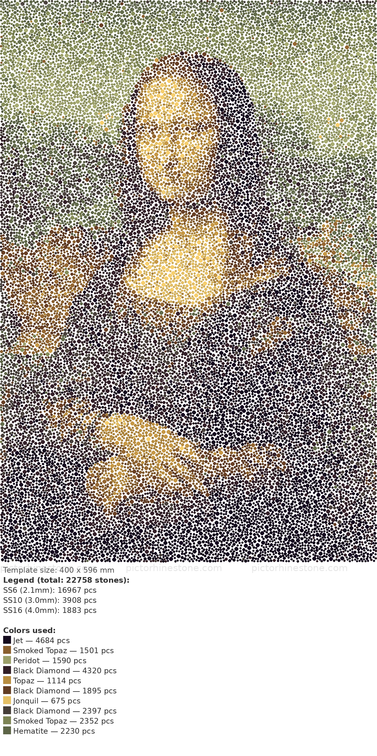 Convert image to rhinestone template — portrait converted with SS6 SS10 SS16 mixed sizes, 22758 hotfix stones, 10 Swarovski colors, 400x596mm production file