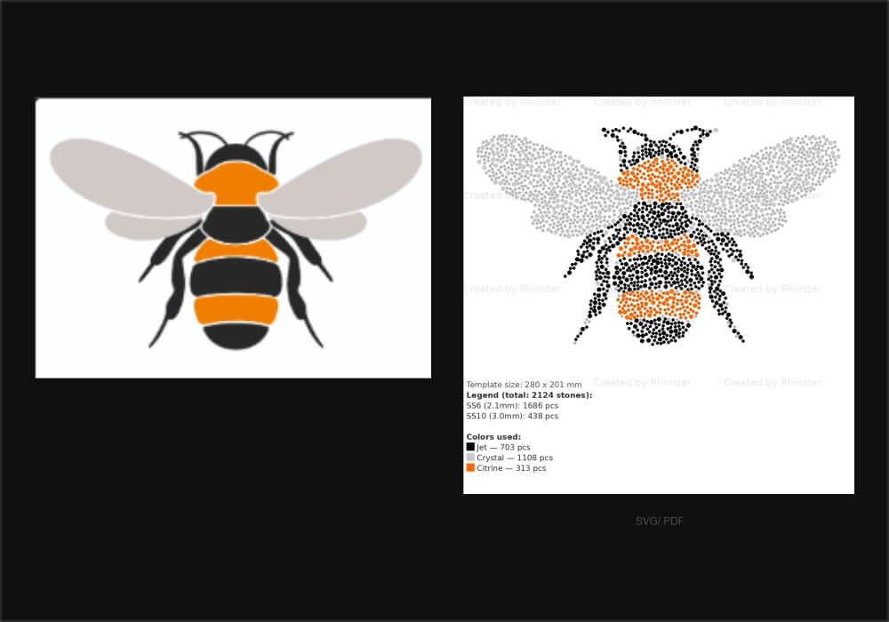 Image to rhinestone template — bee design converted to hotfix pattern, SS6 SS10 stones, Jet Crystal Citrine, 2124 stones, 280x201mm SVG PDF
