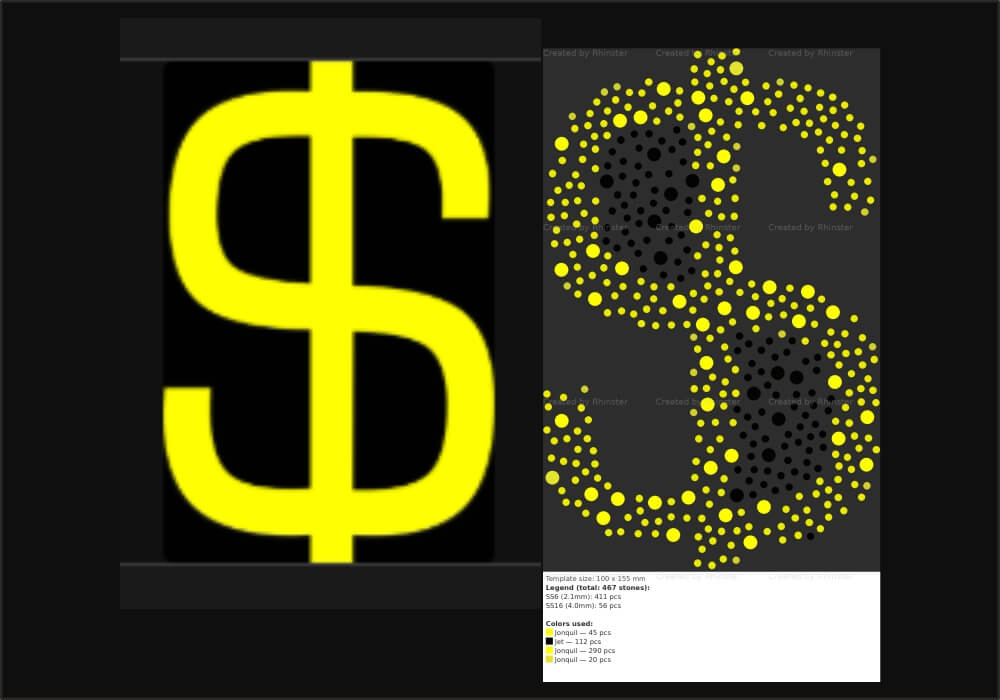 Logo to rhinestone template — dollar sign logo converted to rhinestone pattern, SS6 SS16, Jonquil Jet, 467 stones, 100x155mm compact apparel design