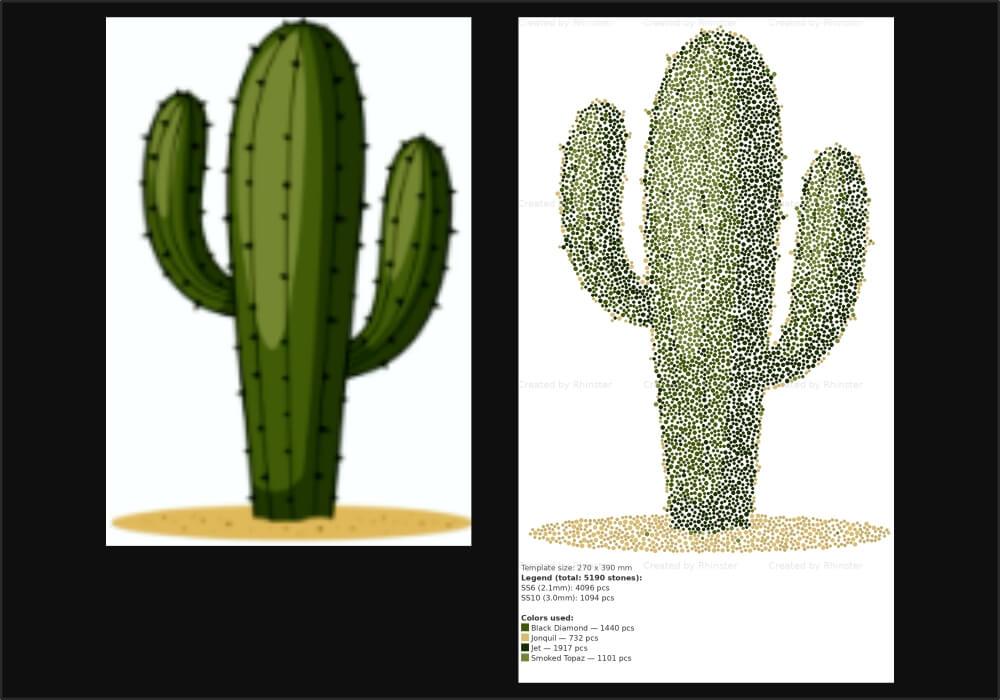 Photo to rhinestone pattern generator — cactus image converted to hotfix template, SS6 SS10, 5190 stones, SVG for laser cutting and apparel decoration