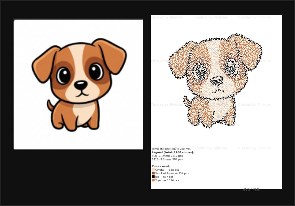 Pic to rhinestone converter — cartoon image converted to rhinestone pattern, SS6 SS10, Crystal Topaz Jet colors, 2708 stones, 380x280mm SVG template