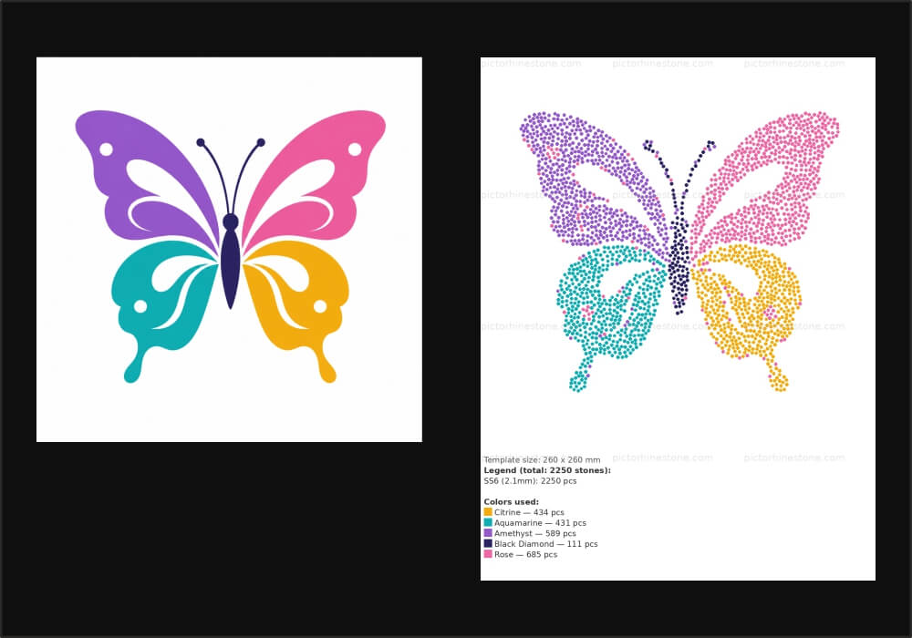 Rhinestone pattern generator — butterfly image to rhinestone SVG template, SS6 only, 5 colors Citrine Aquamarine Amethyst Black Diamond Rose, 2250 stones, 260x260mm